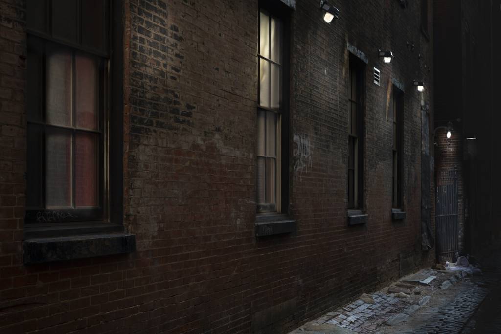 View of dark side street in Old City Philadelphia
