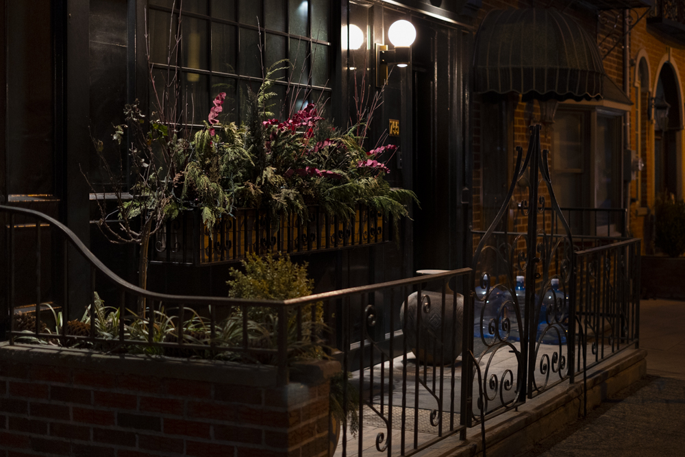 Color view of flowers illuminated in front of a row house in the city at night.